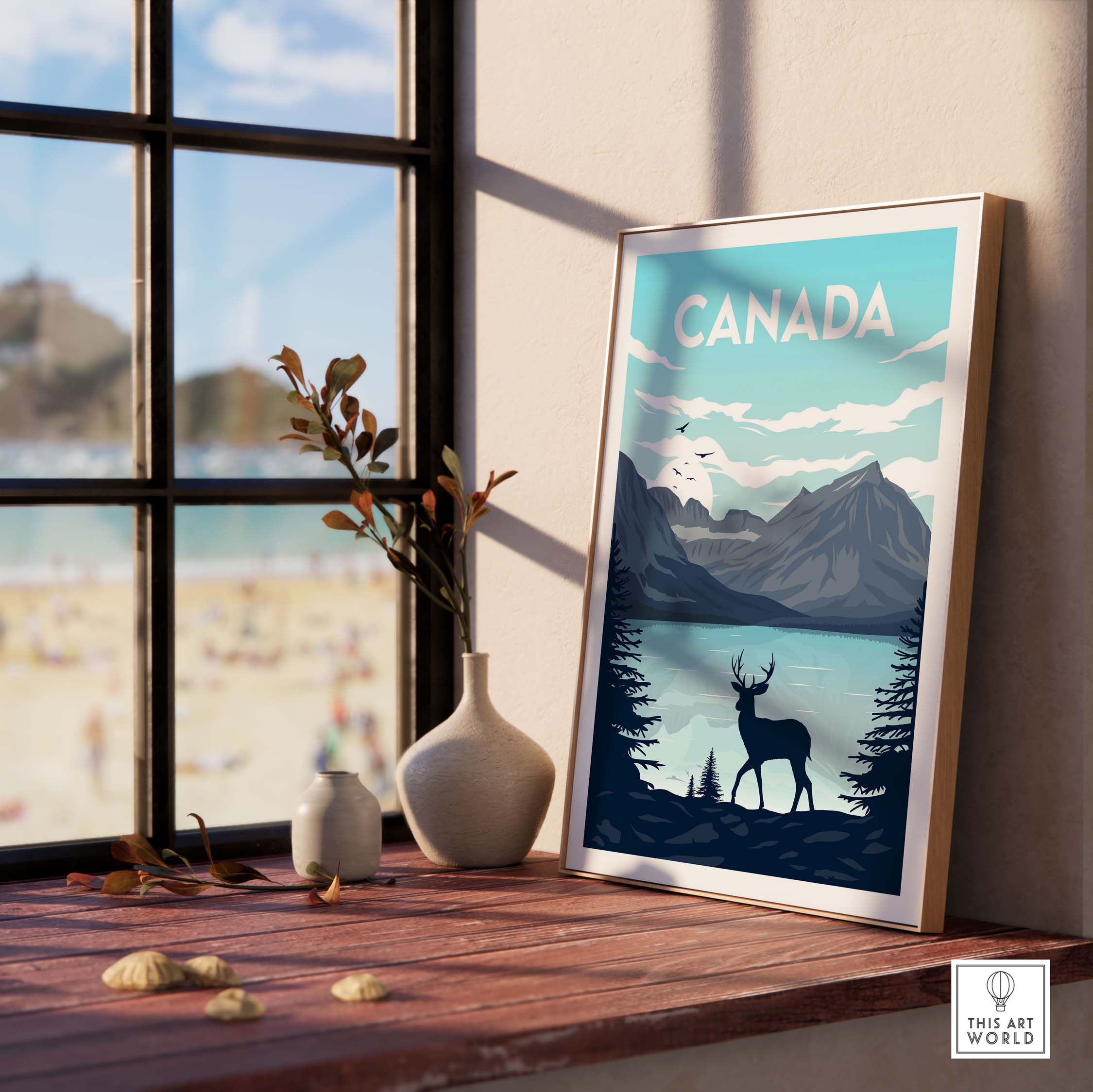 Canada poster wall art print featuring a deer near a lake with mountains, perfect for home and office decor.