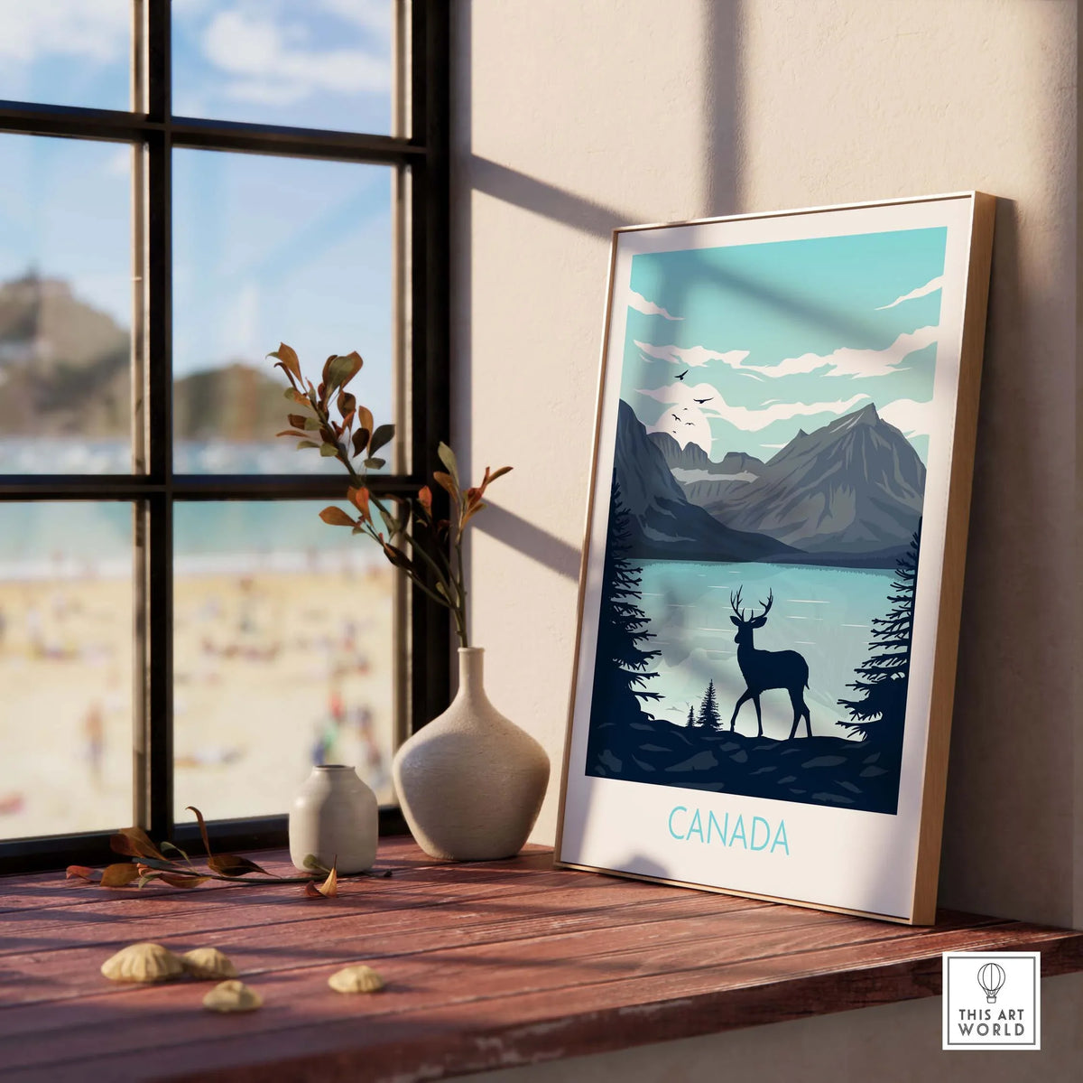 Canada travel poster print featuring a silhouetted deer against mountains and lake, perfect for home decor.