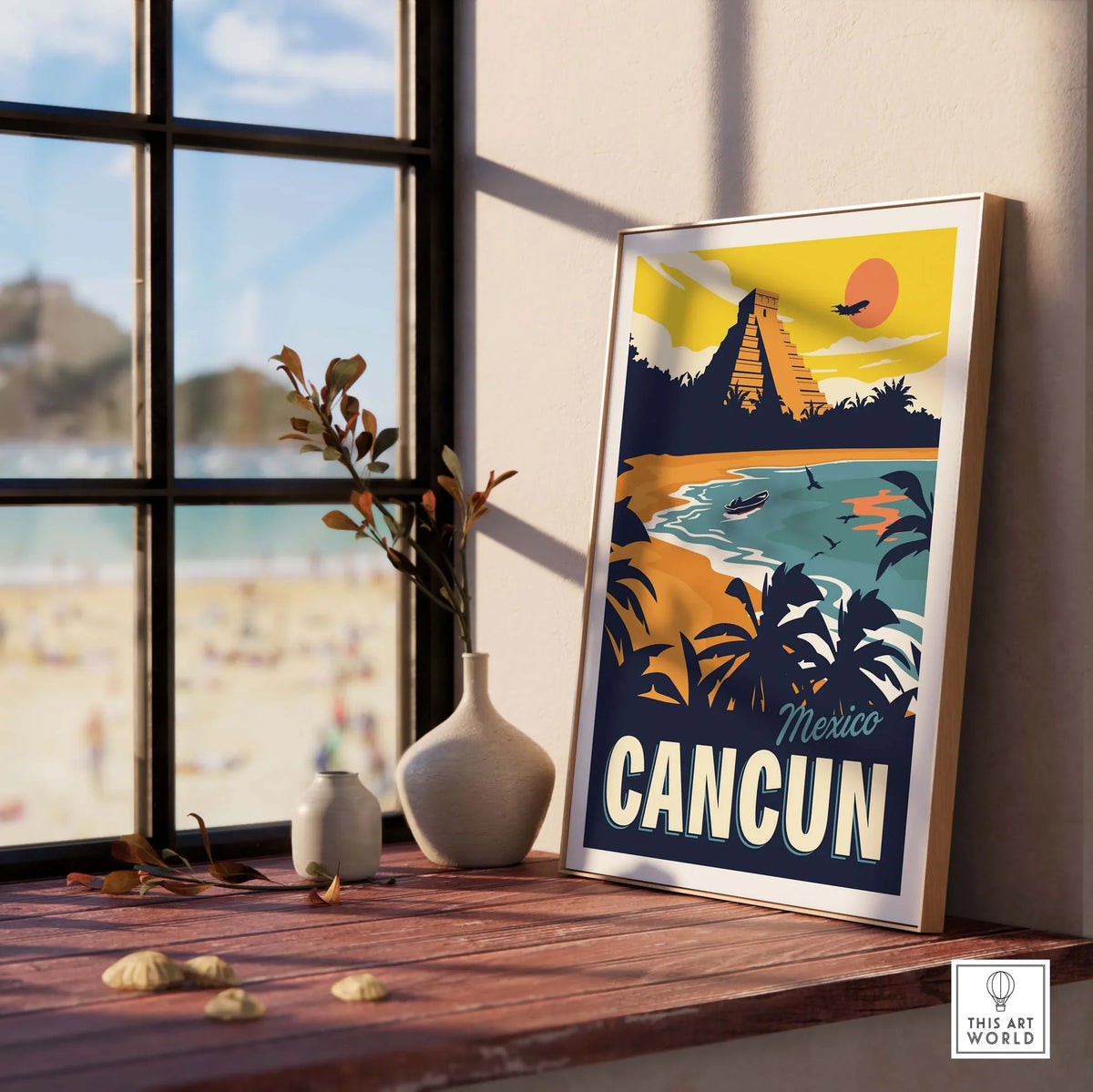 Vintage Cancun wall art print showcasing a beach scene, Mayan pyramid, and tropical elements, ideal for home decor.