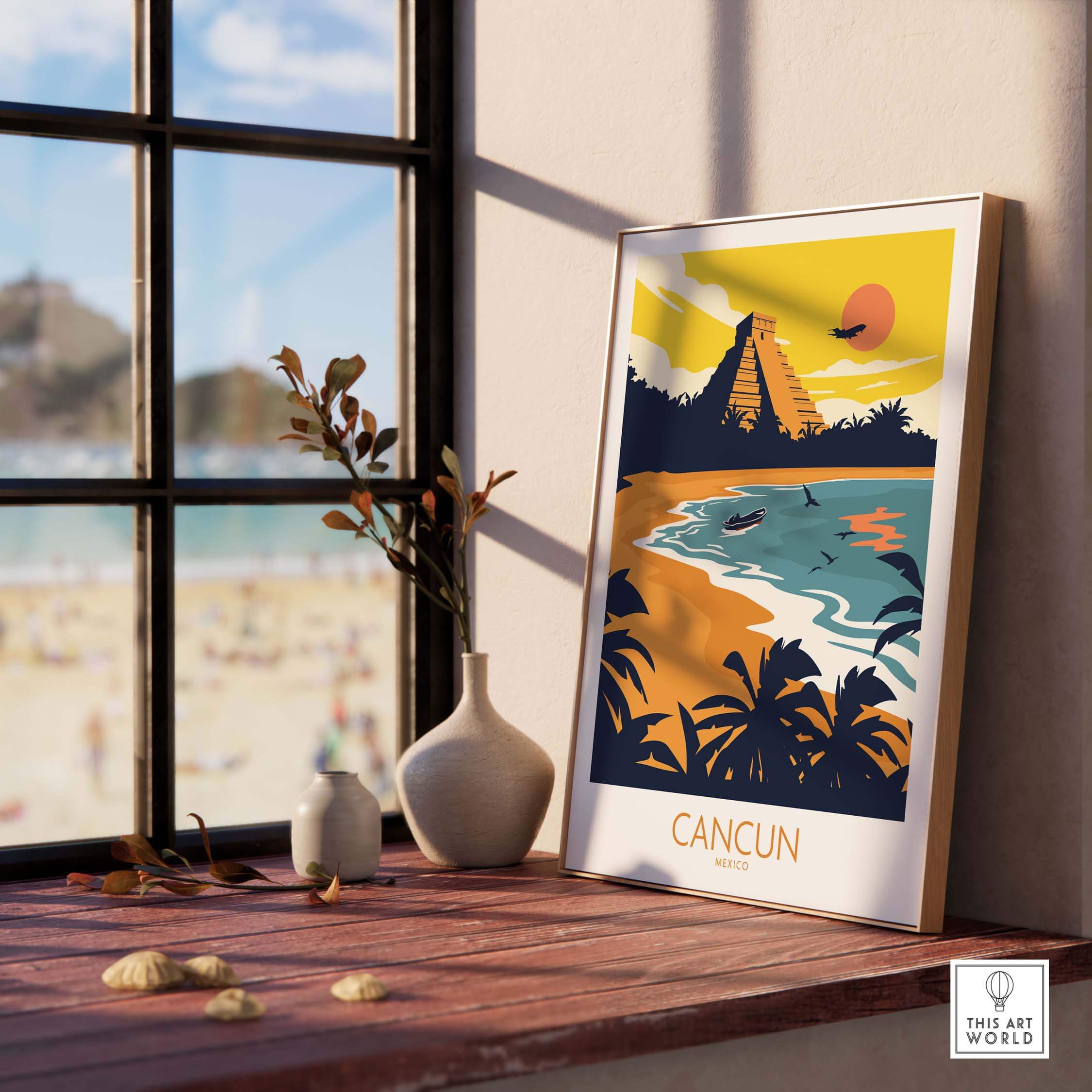 Cancun Travel Poster Print displayed in a sunny room, showcasing beach, sun, and ancient ruins.