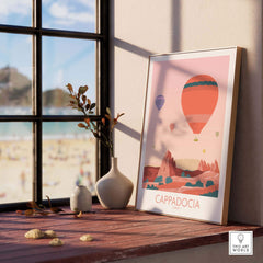 Cappadocia Print featuring hot air balloons, nostalgic travel art for stylish Turkey home decor.