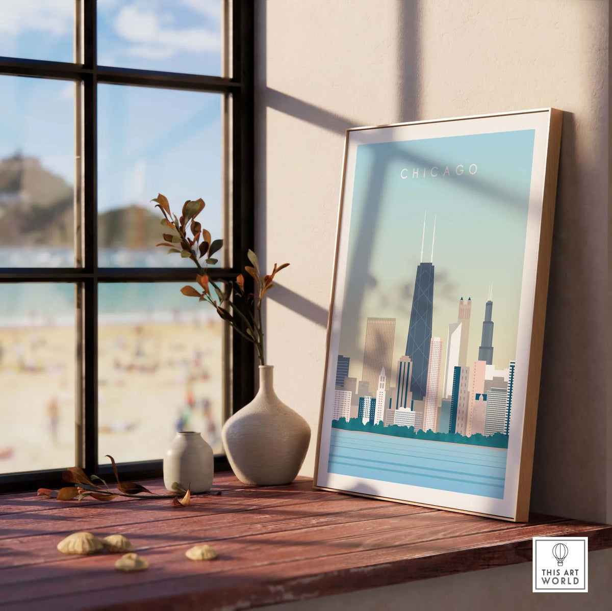 Chicago Print Wall Art Poster showcasing a stylish skyline view framed on a windowsill, perfect for home decor.