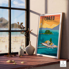 Corfu Print Greece Poster showcasing a scenic coastal view in a stylish framed display, perfect for home decor.