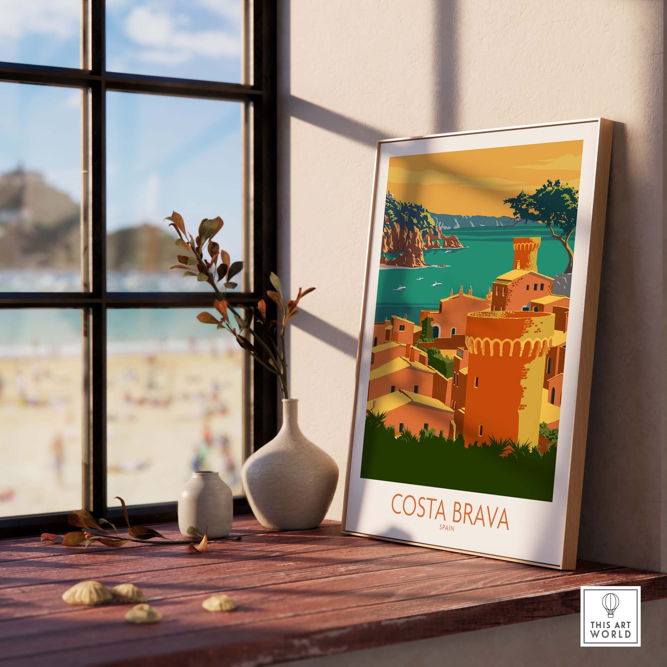 Costa Brava poster showcasing vibrant coastal scenery in a modern minimalist design, framed on a stylish interior setting.