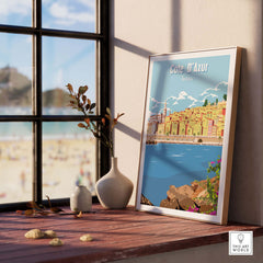 Cote d'Azur poster print wall art displayed in a sunlit room, capturing the beauty of French coastline.