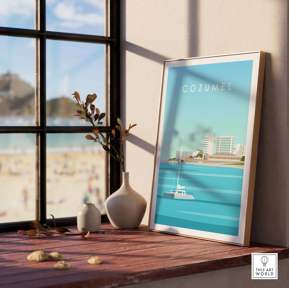 Cozumel Art Print displayed on a wooden table with a beach view, evoking travel nostalgia and wanderlust.