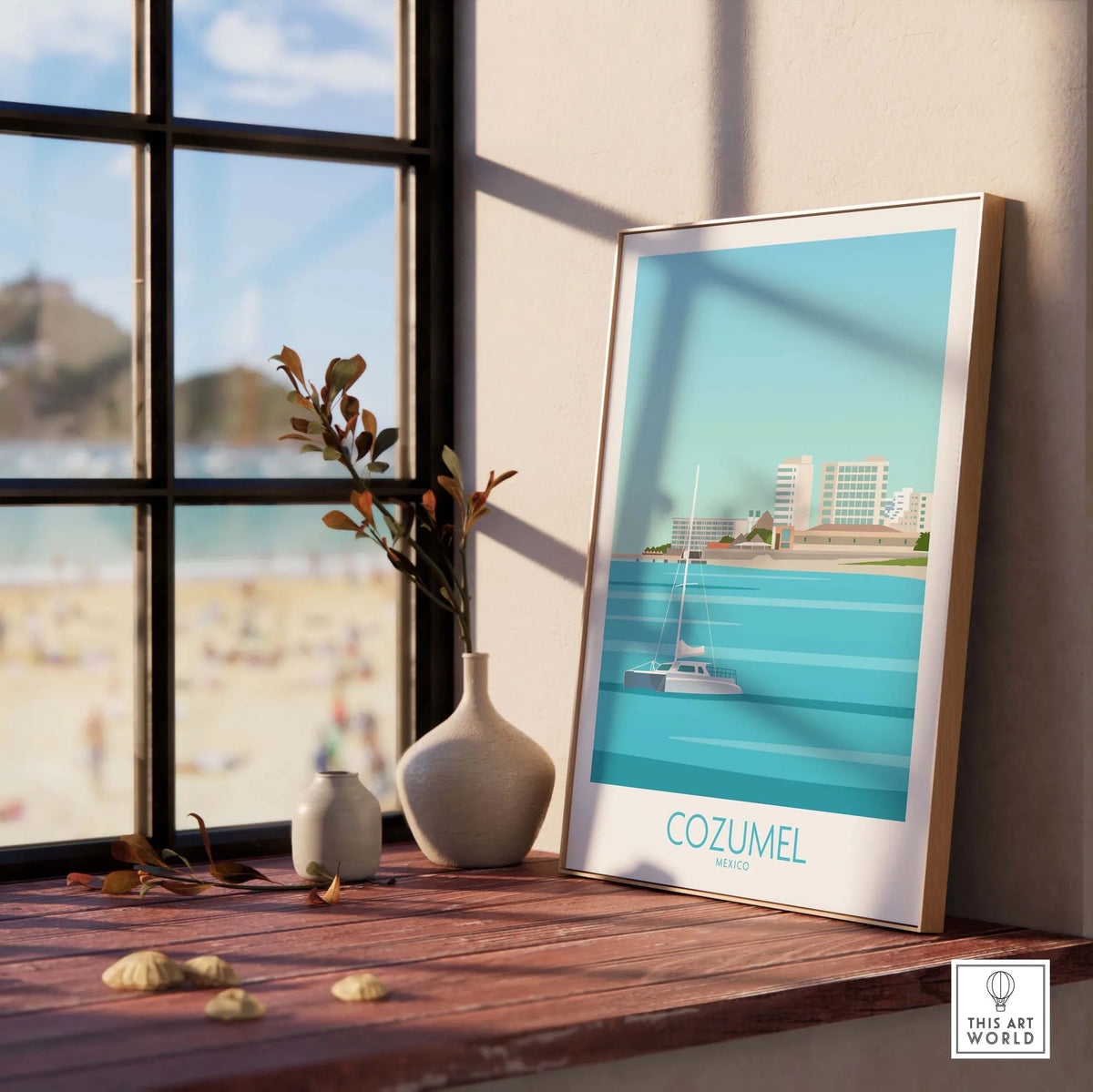 Cozumel poster art featuring a sailboat and beach view, perfect for travel-inspired home decor.