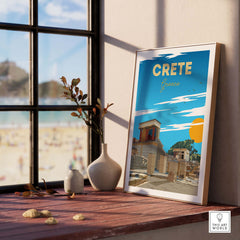 Crete travel poster print featuring vibrant colors and minimalist design, displayed in a sunlit room.
