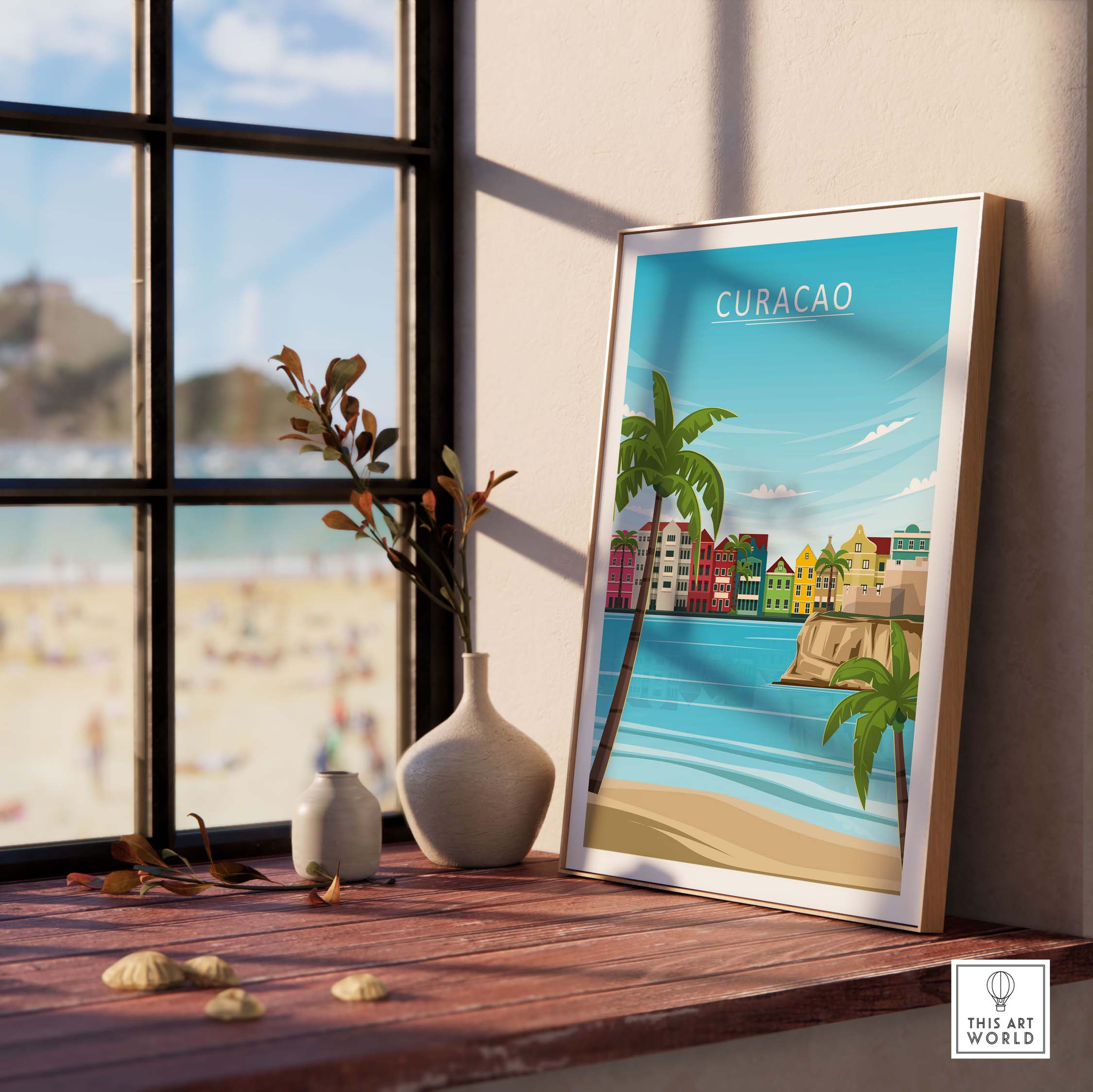 Curacao Poster Print displayed indoors, featuring colorful coastal buildings and palm trees, perfect for travel-inspired decor.