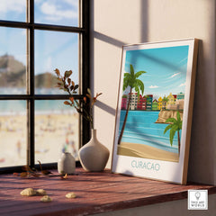 Curacao wall art travel poster featuring colorful buildings and palm trees, perfect for home decor or office art.