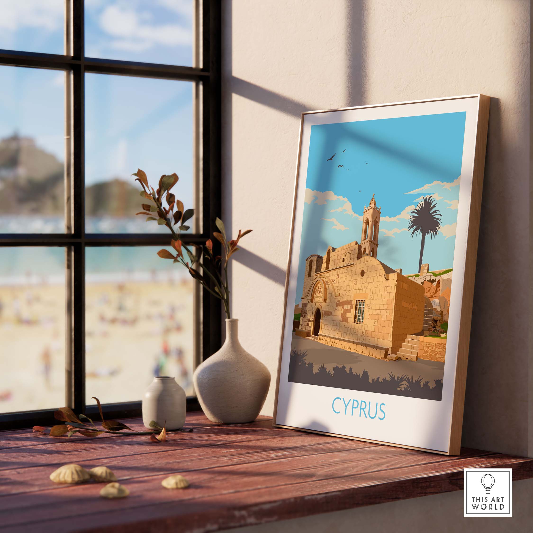 Cyprus poster print displayed in a home setting, featuring a vintage-inspired minimalist design.