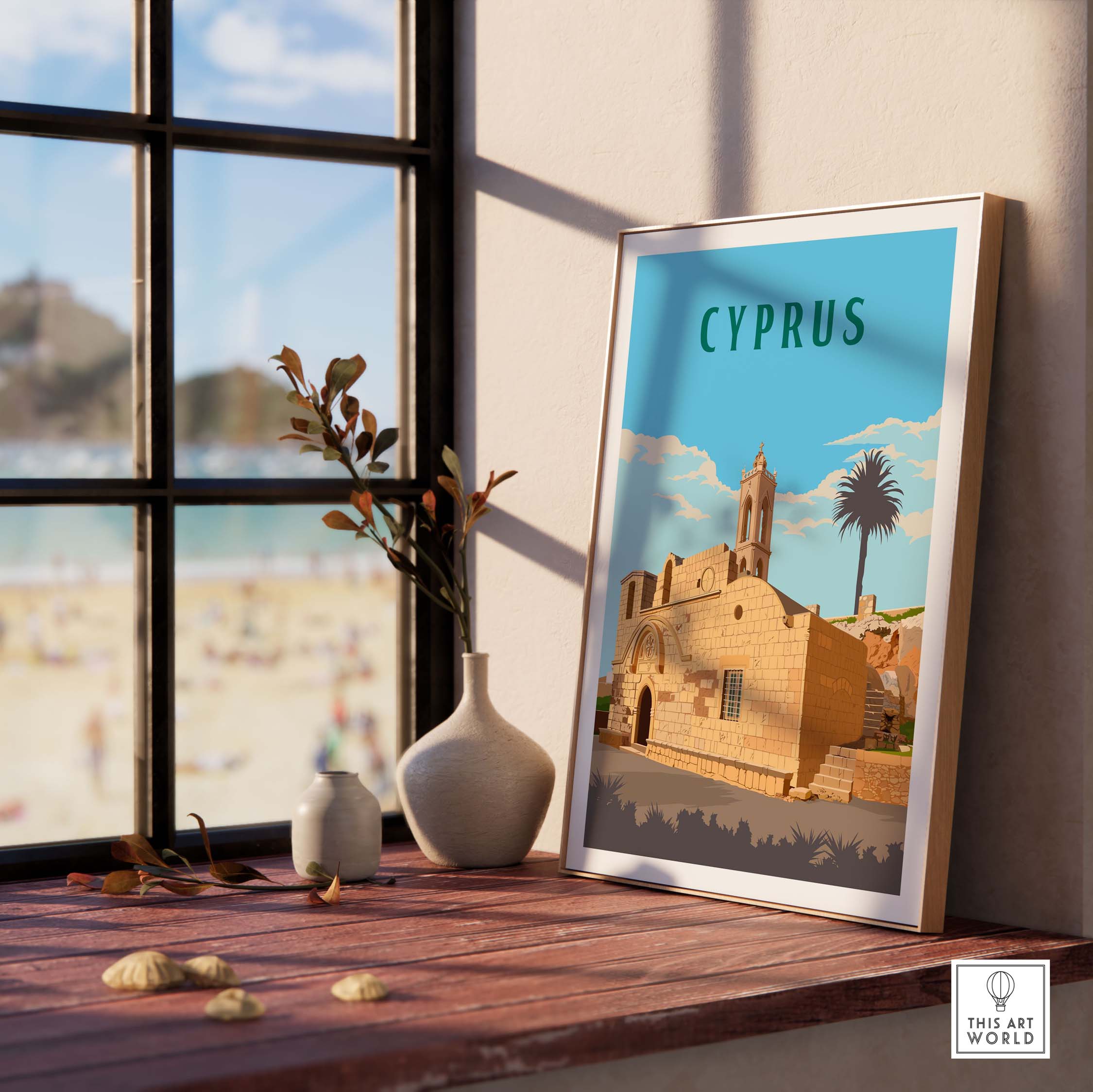 Cyprus Print featuring a vintage-inspired travel poster in a stylish frame near a sunny window.