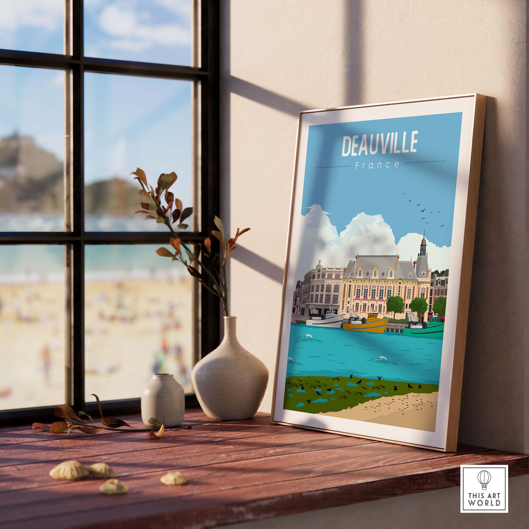 Deauville France poster print displayed in a stylish interior setting, showcasing vintage travel art.