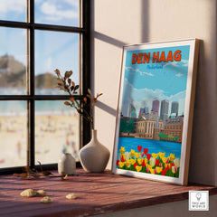 Den Haag Wall Art Print featuring vintage travel style with tulips and skyline, perfect for home or office decor.