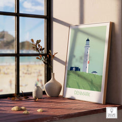 Stylish Denmark Poster Print featuring a lighthouse in a serene coastal setting, perfect for travel art lovers.