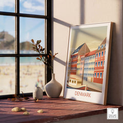 Denmark Poster Art Print featuring colorful buildings, styled in a minimalist vintage design for travel enthusiasts.
