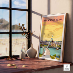 Vintage Derry Print Poster Wall Art featuring the Peace Bridge, ideal for home or office decor.