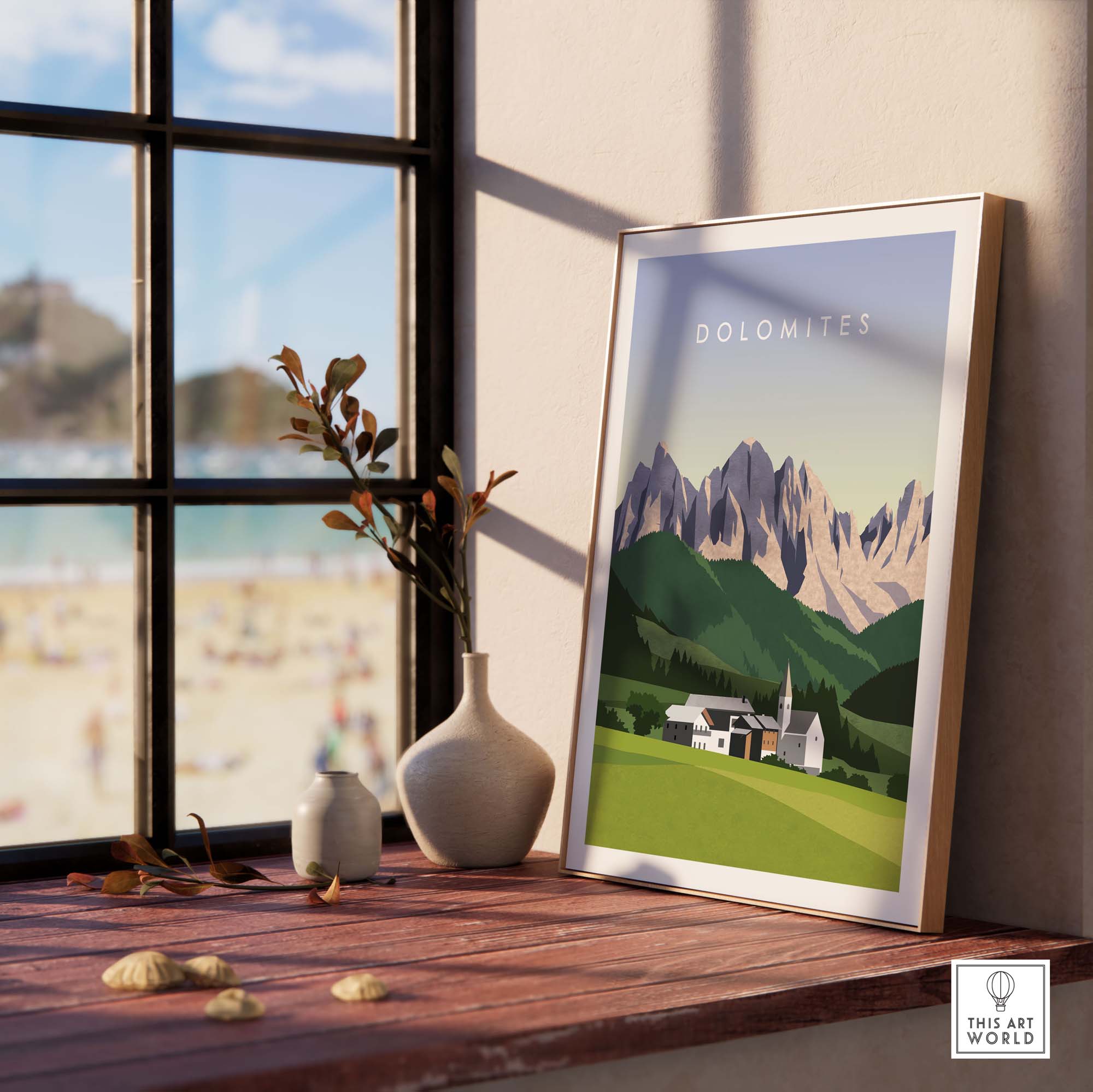 Stylish Dolomites travel poster print displayed in a modern interior setting with a scenic view.