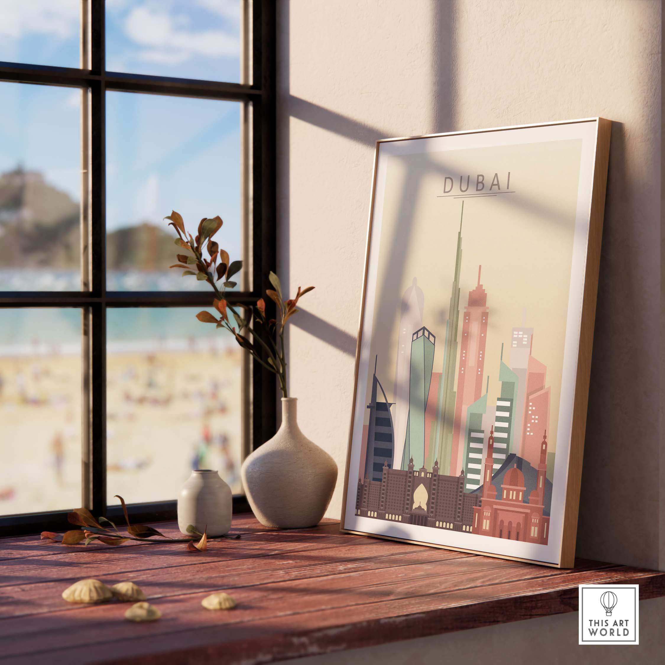 Framed Dubai city skyline print featuring iconic buildings, perfect for stylish home or office decor.