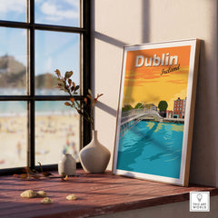 Dublin Print Poster Wall Art in a bright room featuring vintage style and colorful landscape.