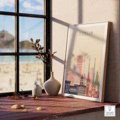 Dublin skyline wall art print framed, showcasing iconic buildings in warm pastel tones against a sunny backdrop.