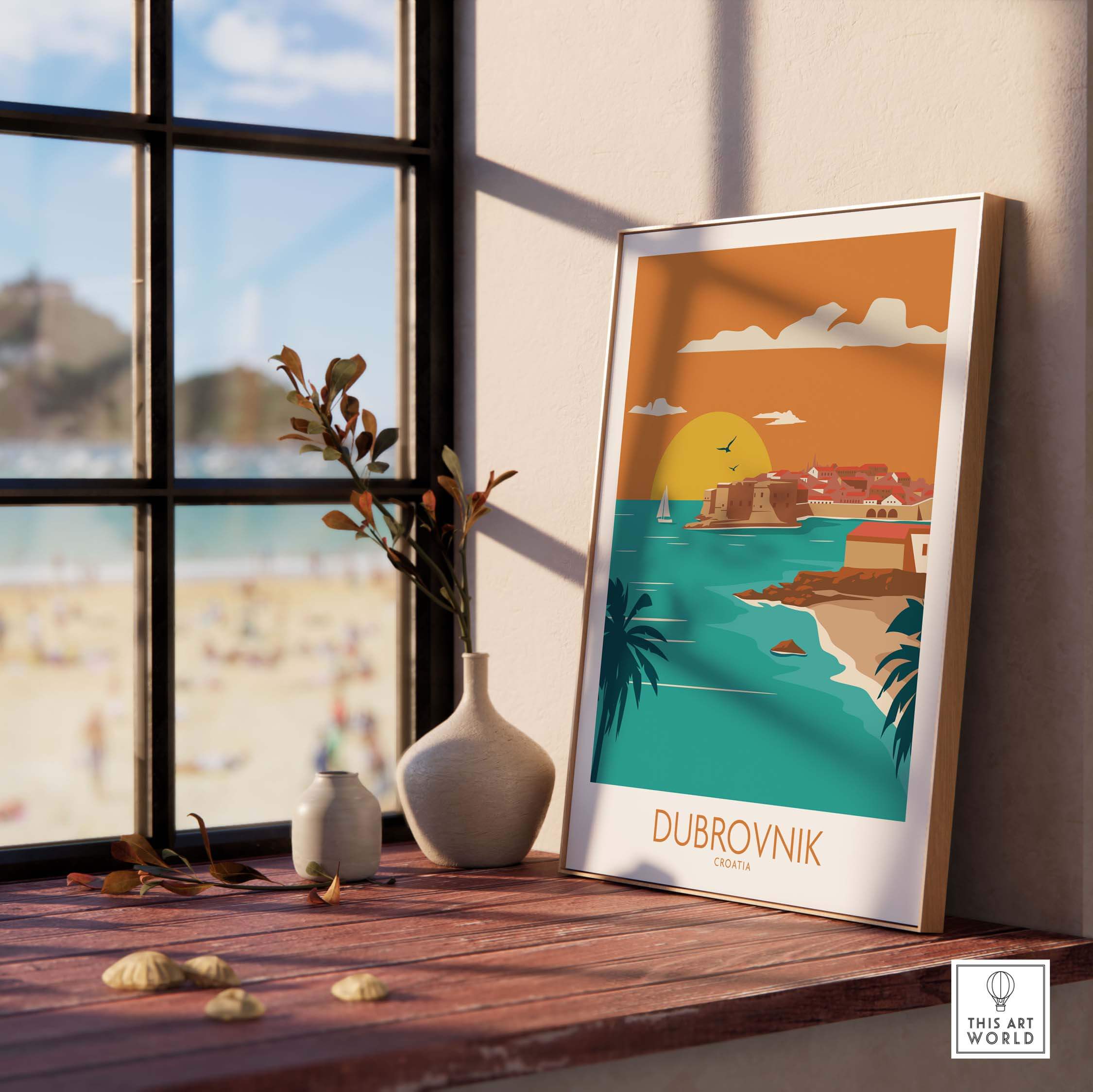 Dubrovnik Poster Art Print on a window sill with beach view, showcasing vintage travel poster style and vibrant colors.