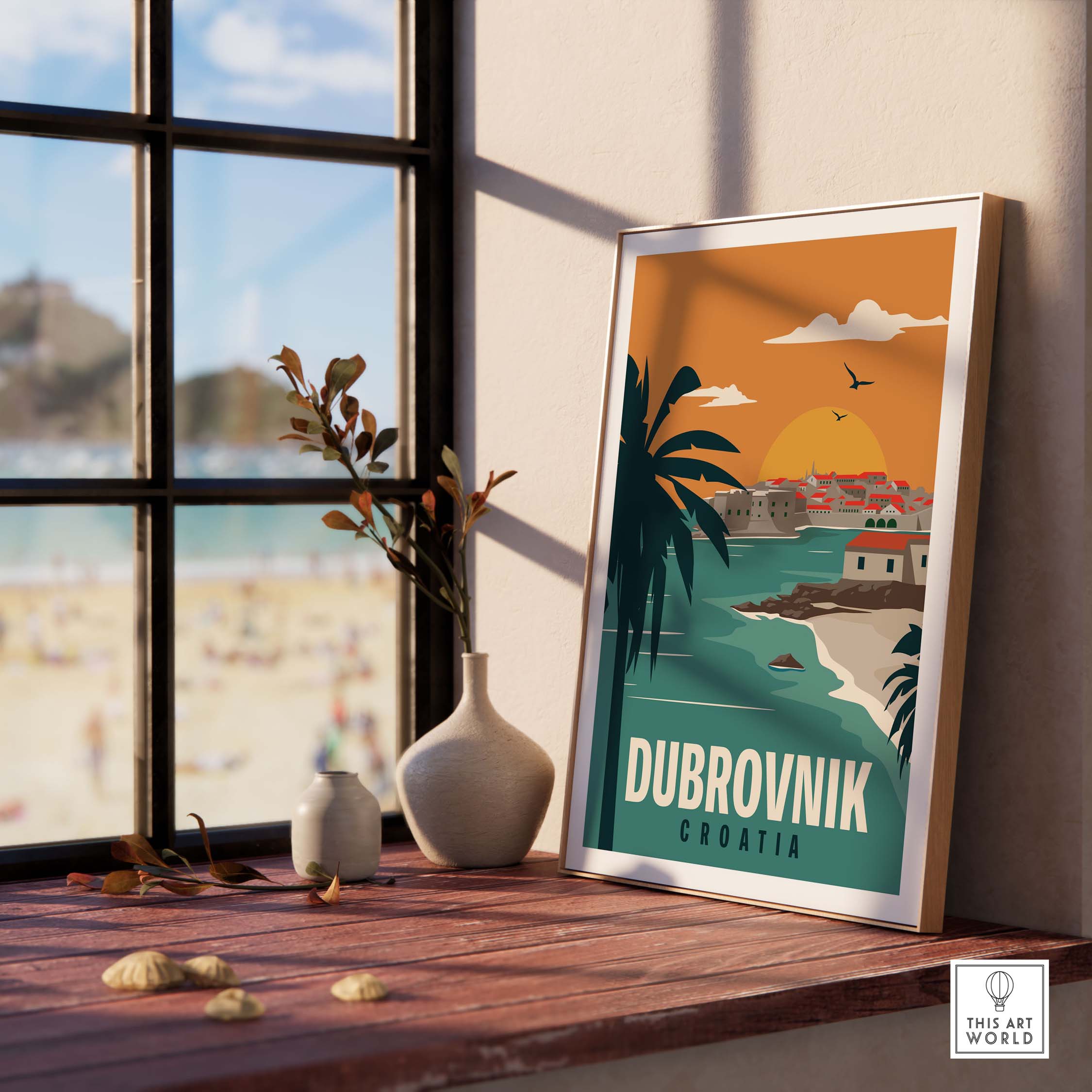 Dubrovnik Poster Wall Art Print featuring a beach view with palm trees and a sunset, ideal for home decor.