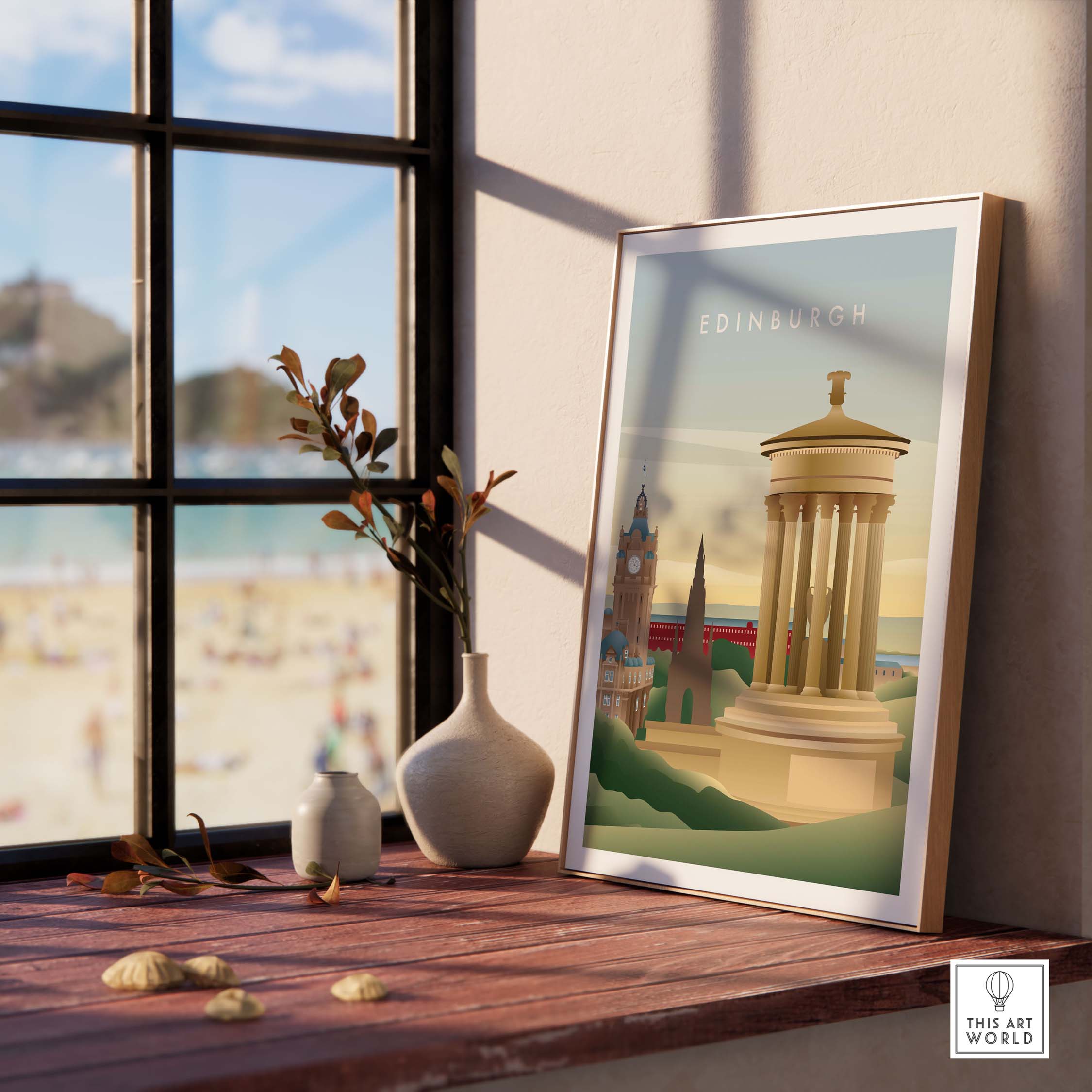 Framed Edinburgh wall art poster displayed indoors, featuring iconic architecture and coastal views.