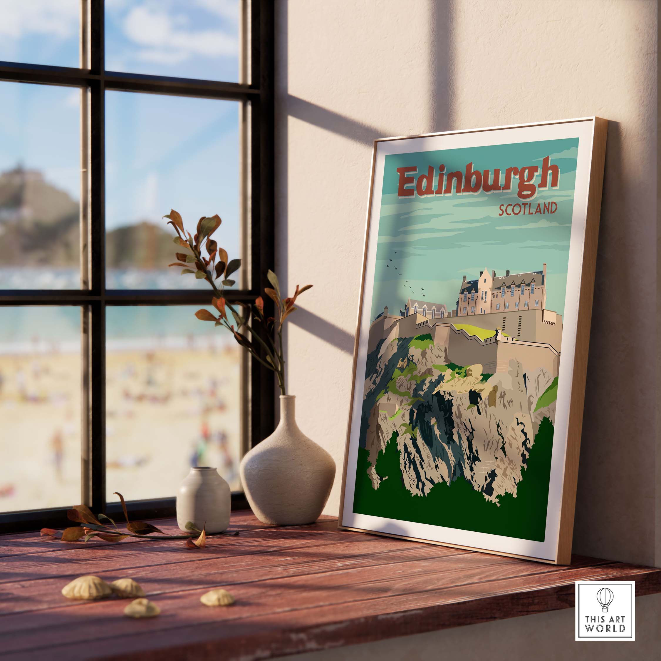 Edinburgh vintage print poster featuring Edinburgh Castle, perfect for home or office decor.