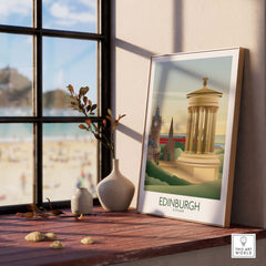 Framed Edinburgh wall art print featuring iconic landmarks and beach view, ideal for home or office decor.