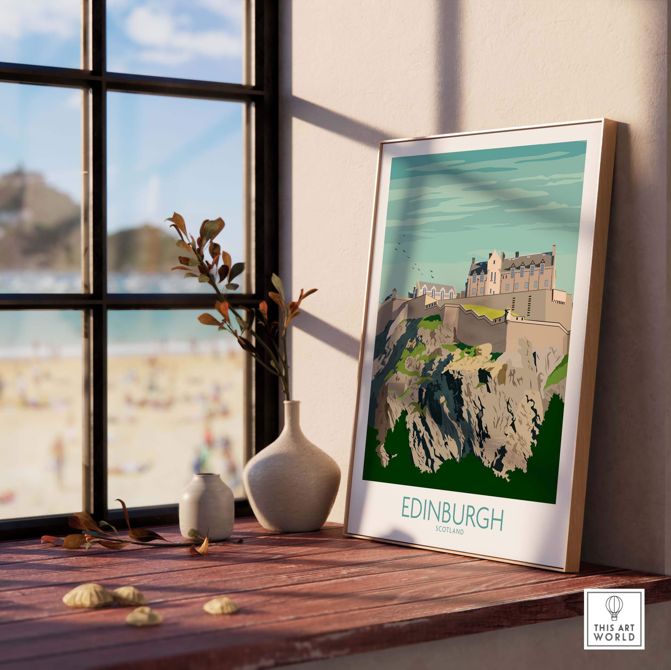 Edinburgh Print Scotland Travel Poster featuring a castle scene, displayed in a stylish indoor setting.
