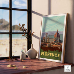 Vintage Florence poster wall art displayed indoors, capturing the iconic skyline of Florence, Italy.