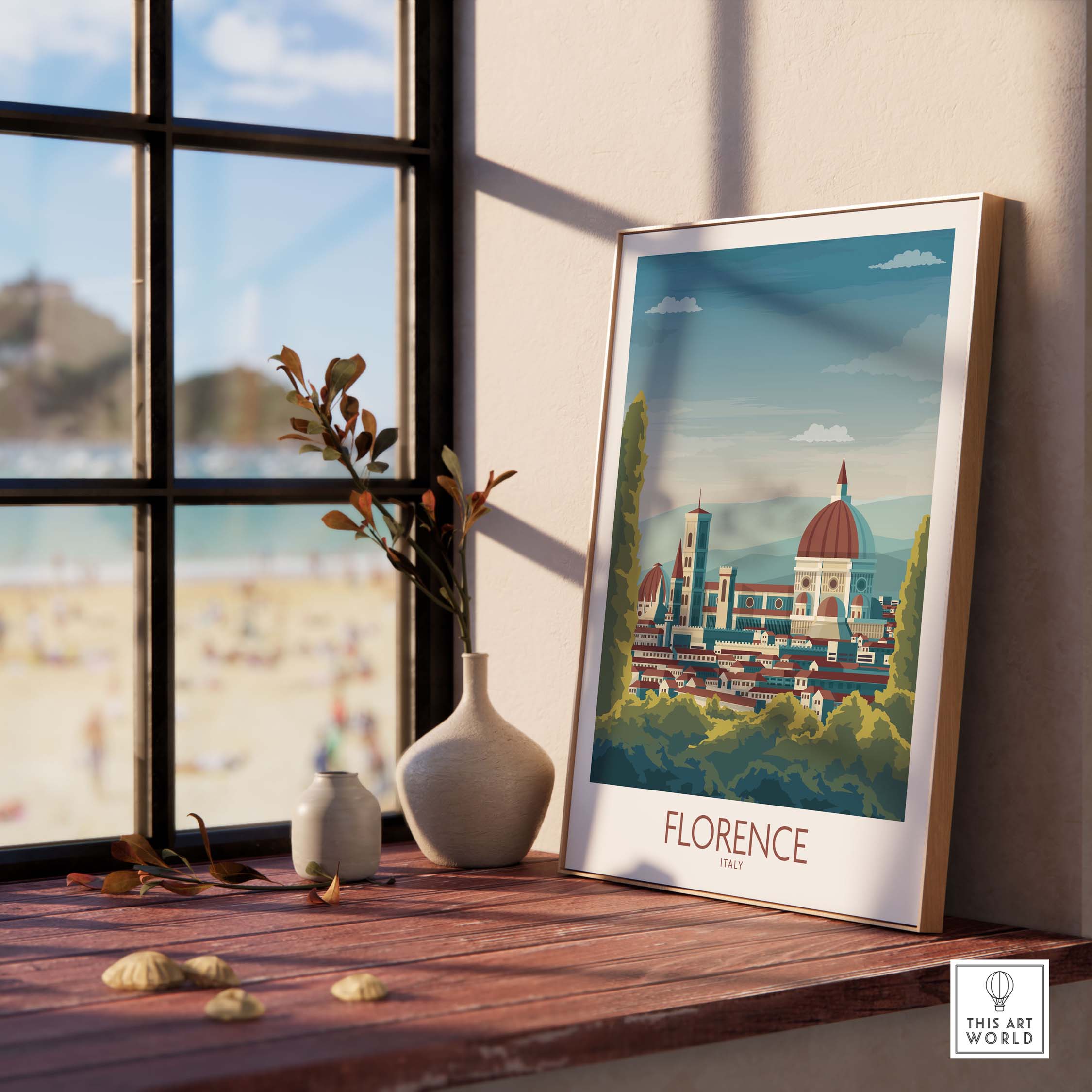 Florence Poster art print displayed on a side table near a window, showcasing Italy's iconic skyline in a minimalist style.