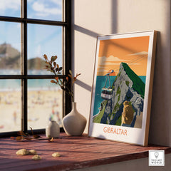 Gibraltar Travel Poster Art Print displayed in a stylish interior with beach view, highlighting vintage-inspired design.