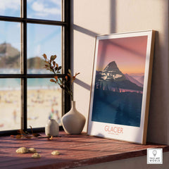 Glacier National Park art print displayed indoors, featuring minimalist design with vibrant mountain scenery.