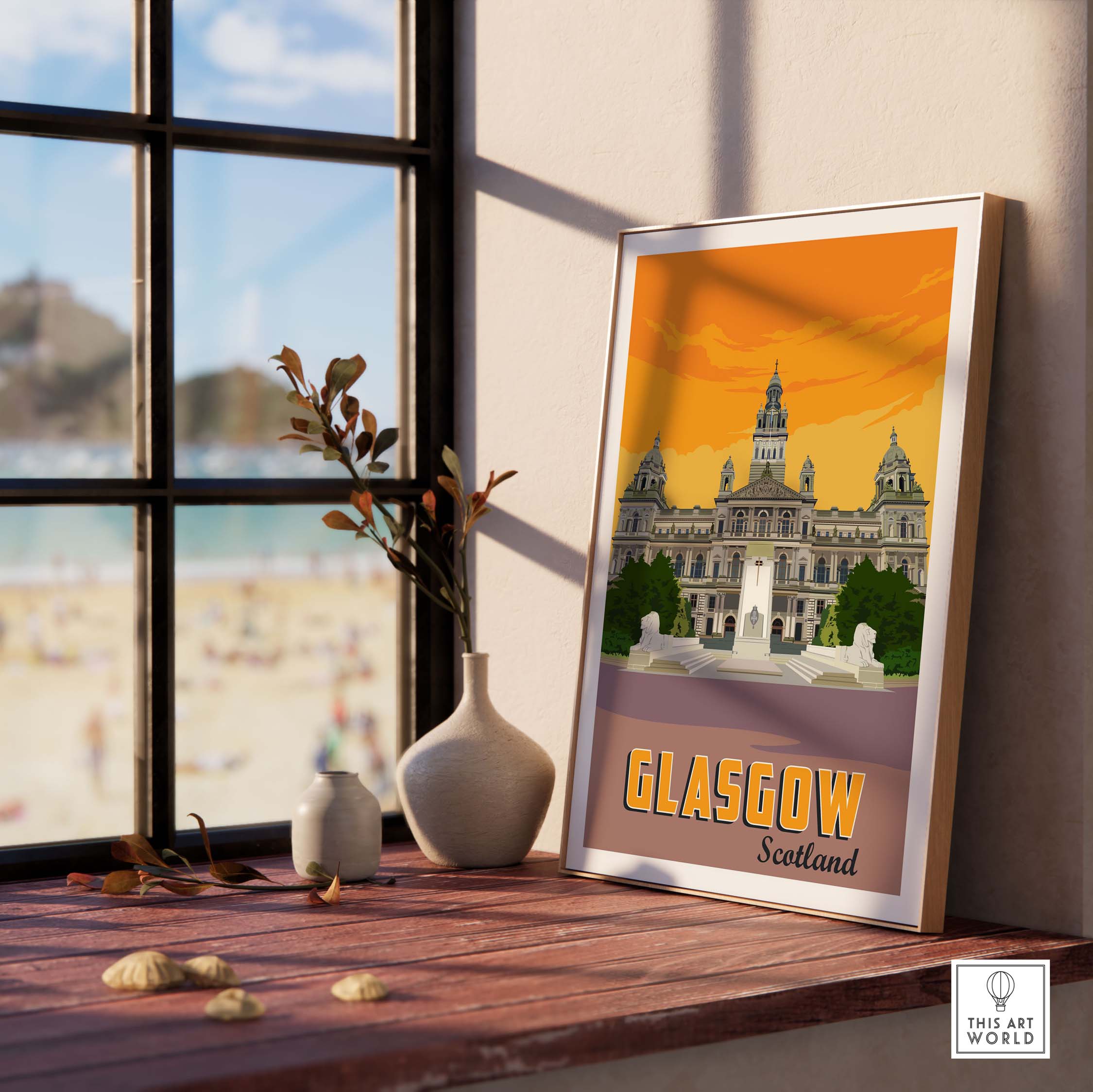 Glasgow poster print showcasing Scottish architecture with vibrant colors, perfect for home decor or office art.