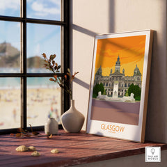 Glasgow travel poster art print displayed in a sunny room, showcasing vintage-style architecture and vibrant colors.