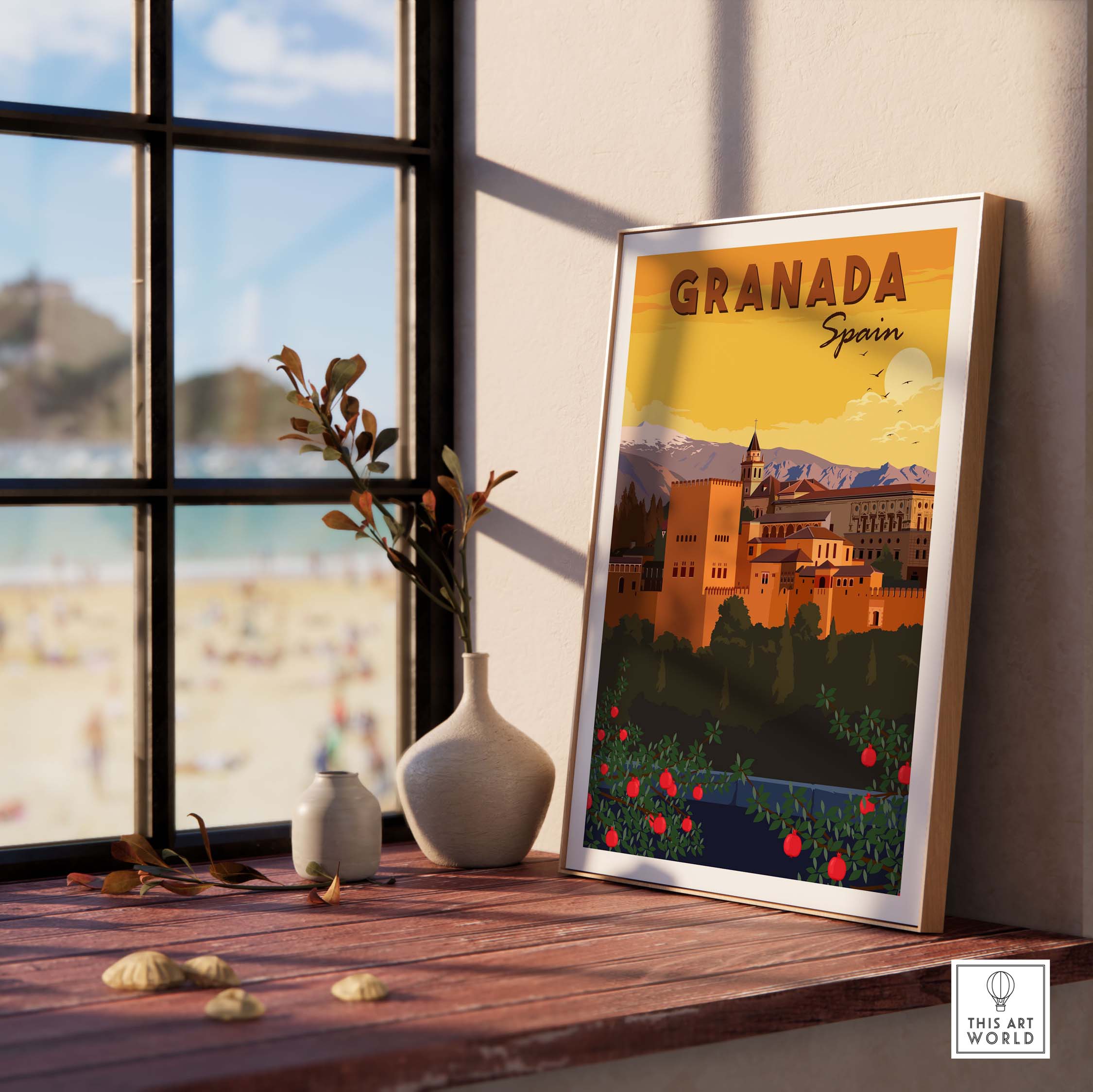 Granada Wall Art Print featuring a vintage style depiction of Spain, with a minimalist design, framed in a cozy interior.