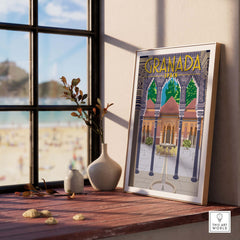 Framed Granada Poster Spain Print displayed on a table near a window, showcasing nostalgic vintage travel art.