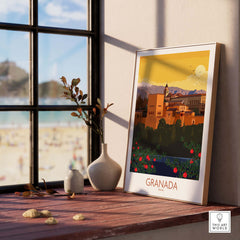 Granada Poster Print featuring a vintage-style illustration in a sunlit room with a beach view.