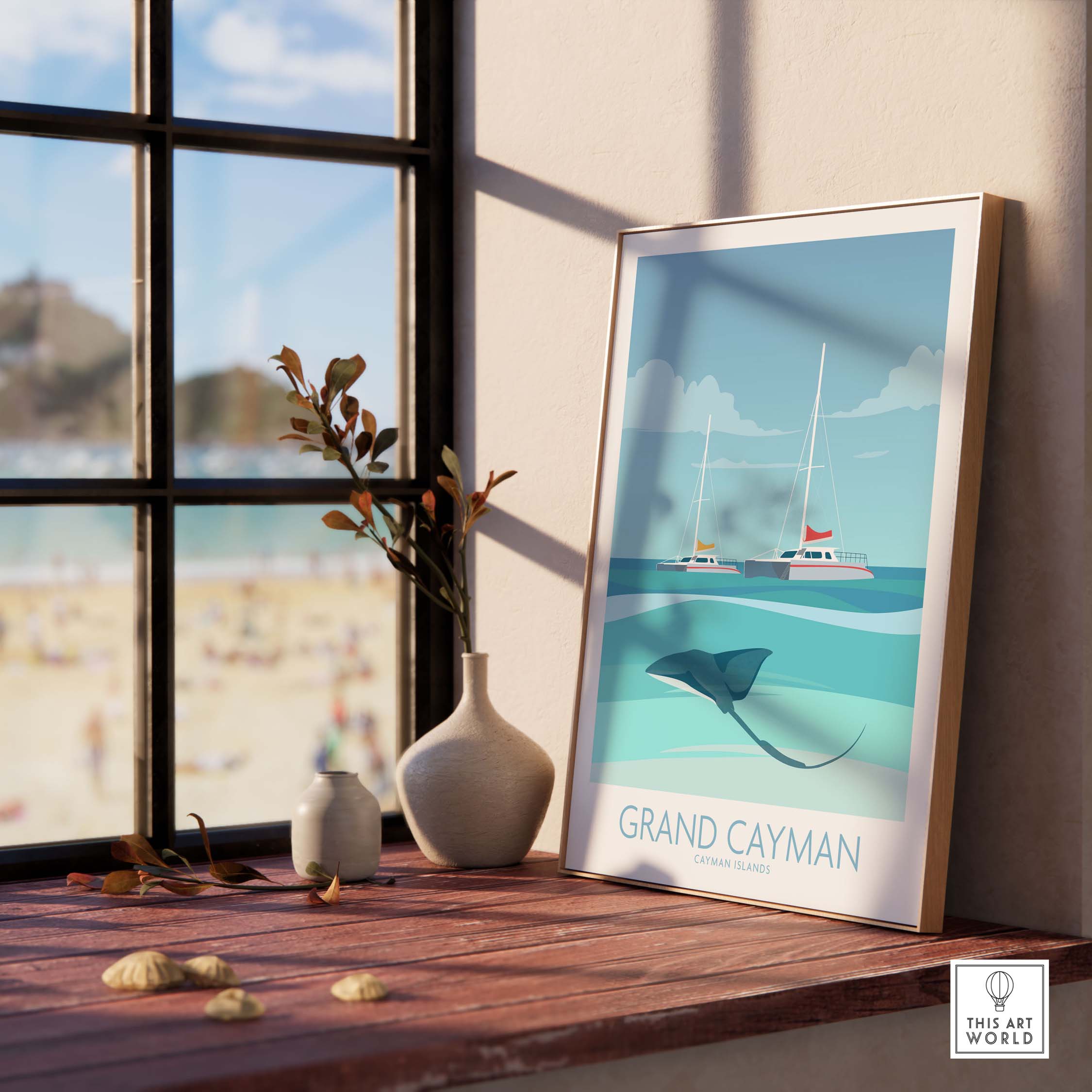 Grand Cayman art print poster featuring a stingray and sailboats by a beach, perfect for home decor.
