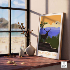 Great Smoky Mountains poster featuring a deer, vibrant landscape, vintage style, perfect for home or office decor.