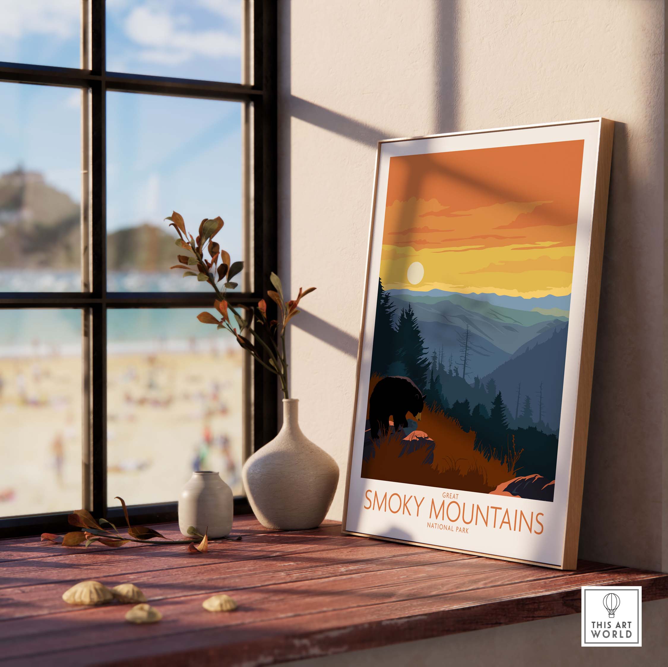 Smoky Mountains poster print showcased in a sunlit room, featuring vibrant outdoor scenery and vintage design elements.