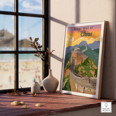 Great Wall of China poster print displayed by a window, showcasing vintage travel art for home decor.