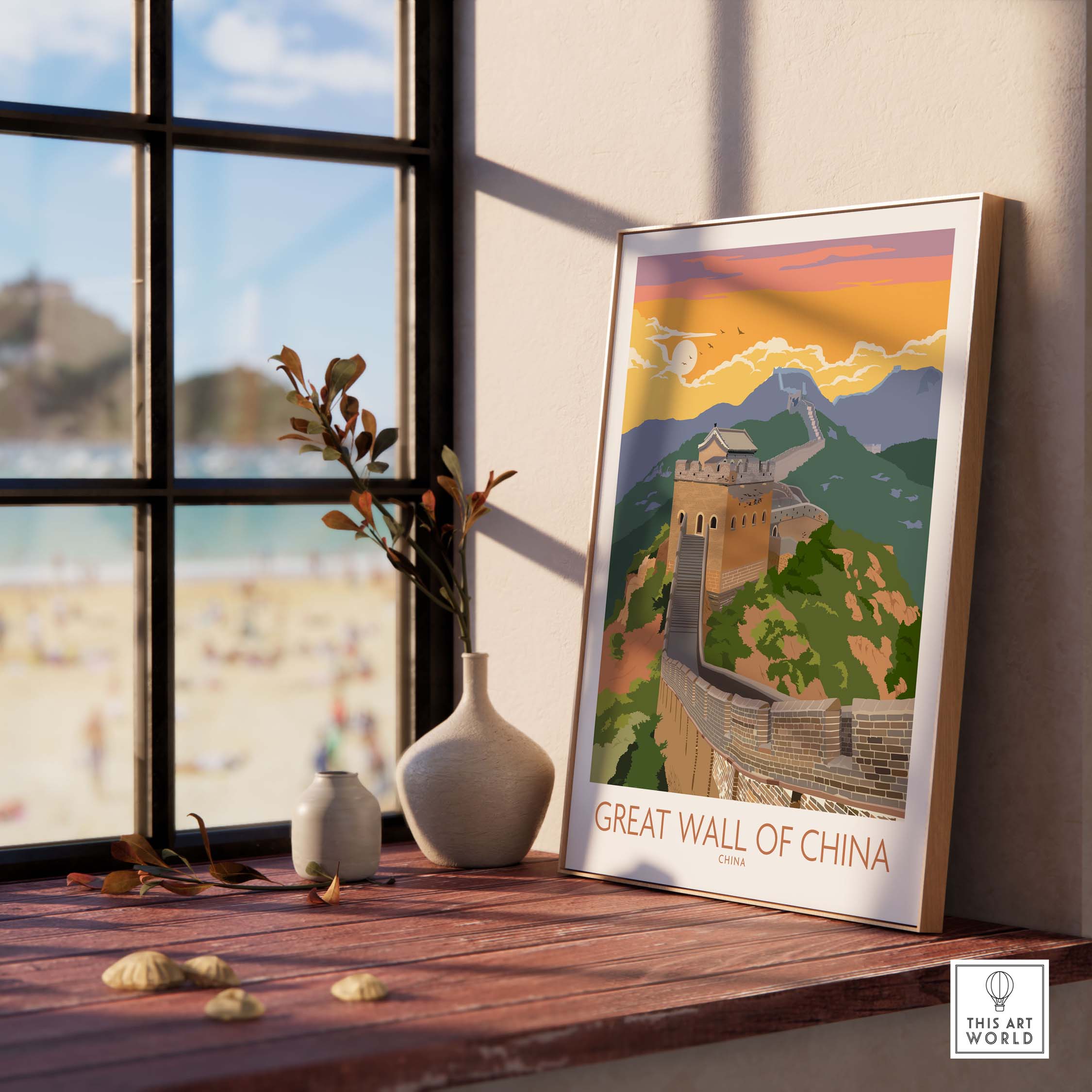 Great Wall of China print displayed on a table with a vase, showcasing vintage travel artwork inspiration.