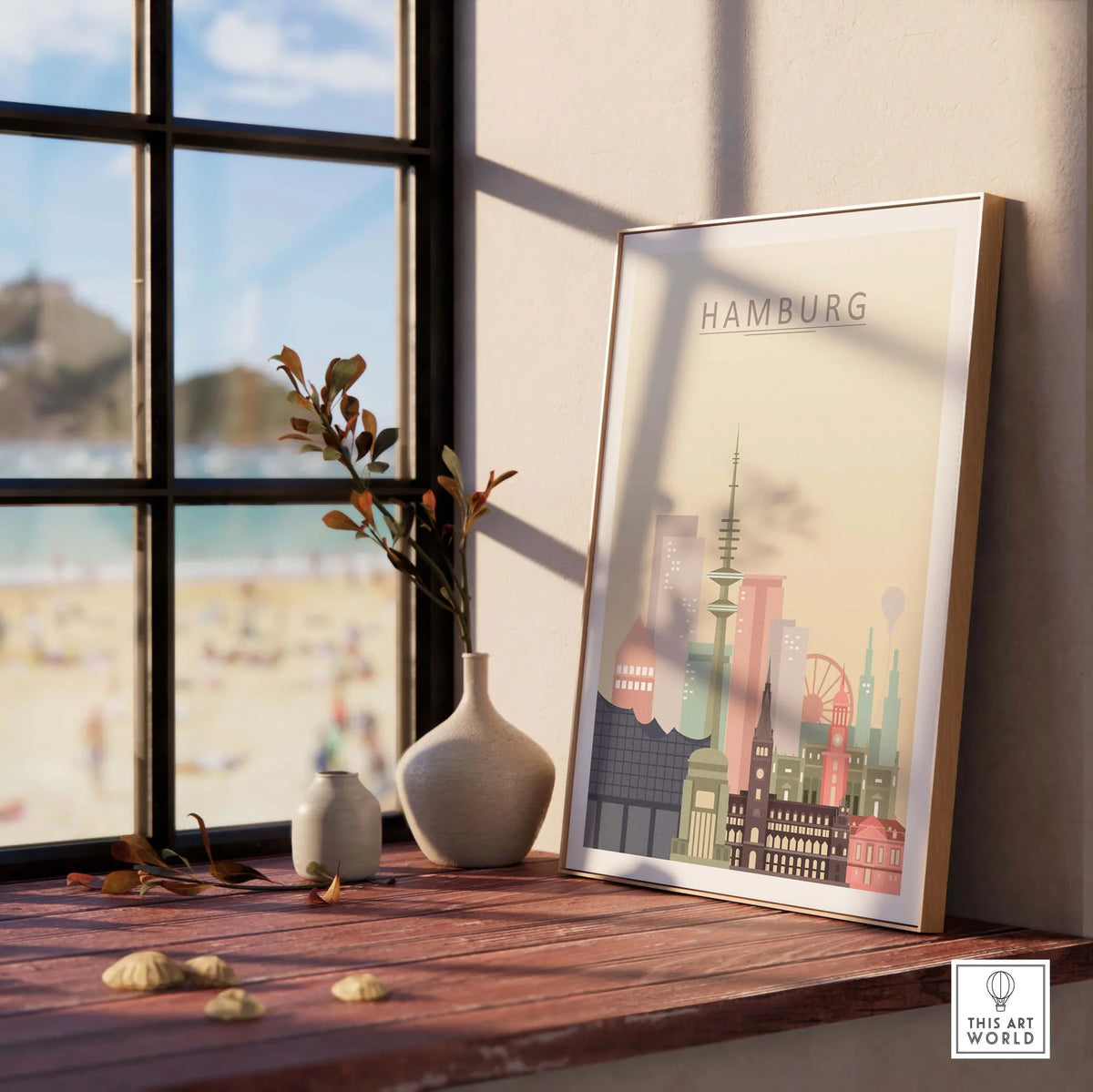 Hamburg city skyline print displayed in a sunlit room with decorative elements, featuring iconic architecture in pastel colors.