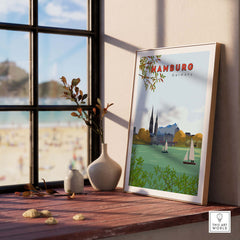 Hamburg vintage travel poster print showcasing scenic Germany in minimalist style, displayed in a bright interior setting.