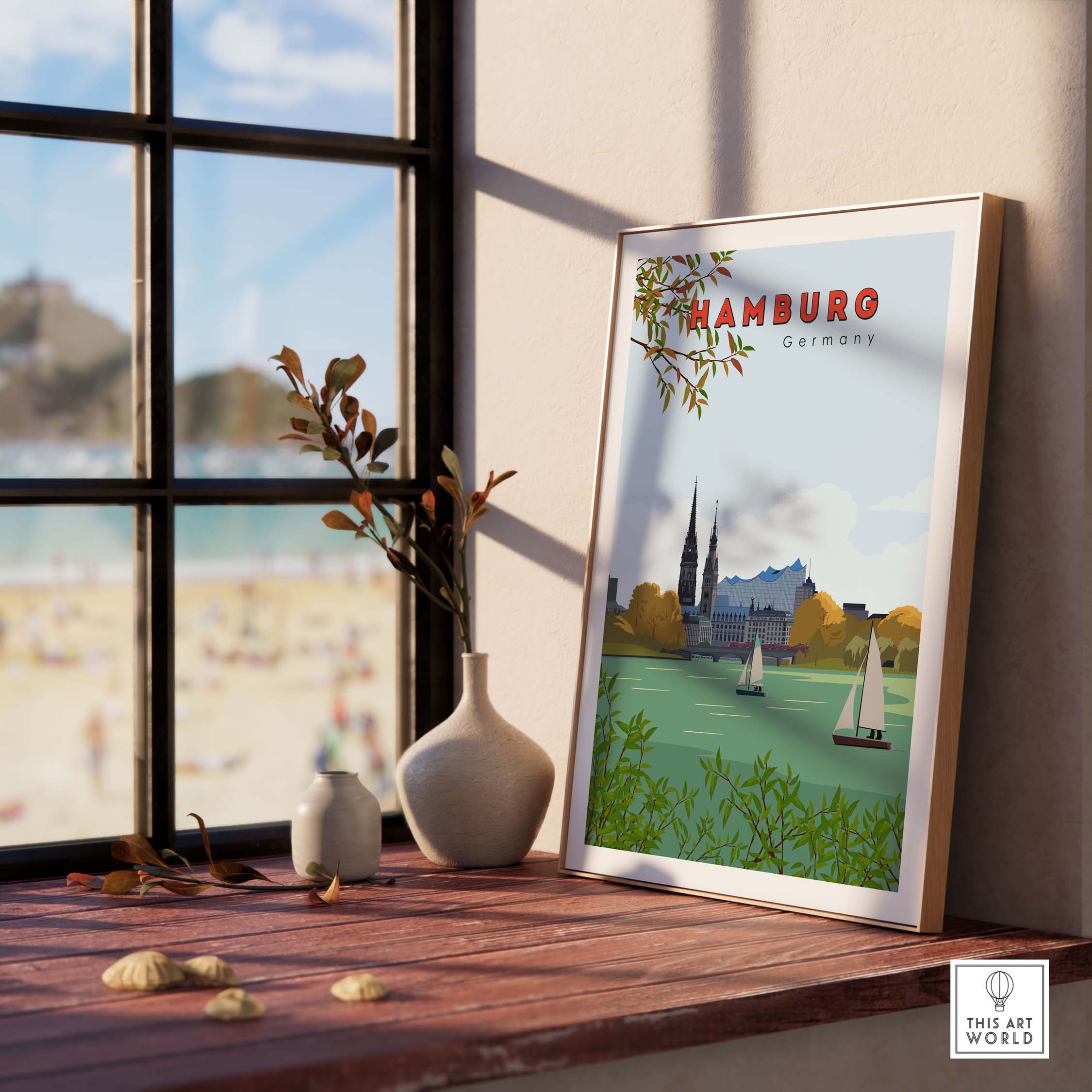 Hamburg vintage travel poster print showcasing scenic Germany in minimalist style, displayed in a bright interior setting.
