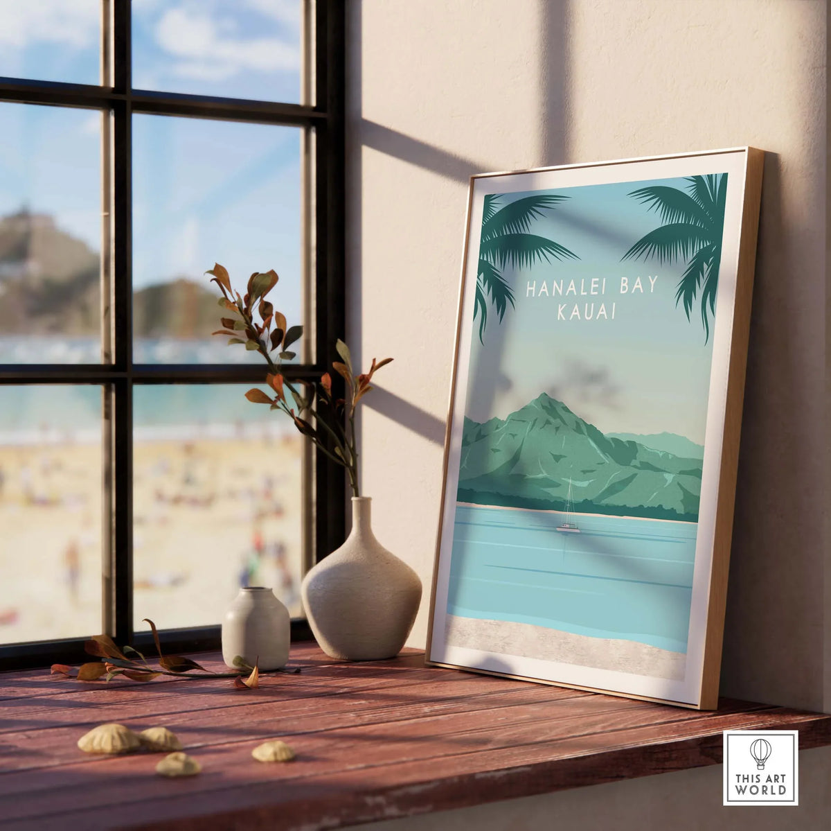 Kauai Print Wall Art Poster featuring Hanalei Bay, beach view with palm trees, ideal for home or office decor.