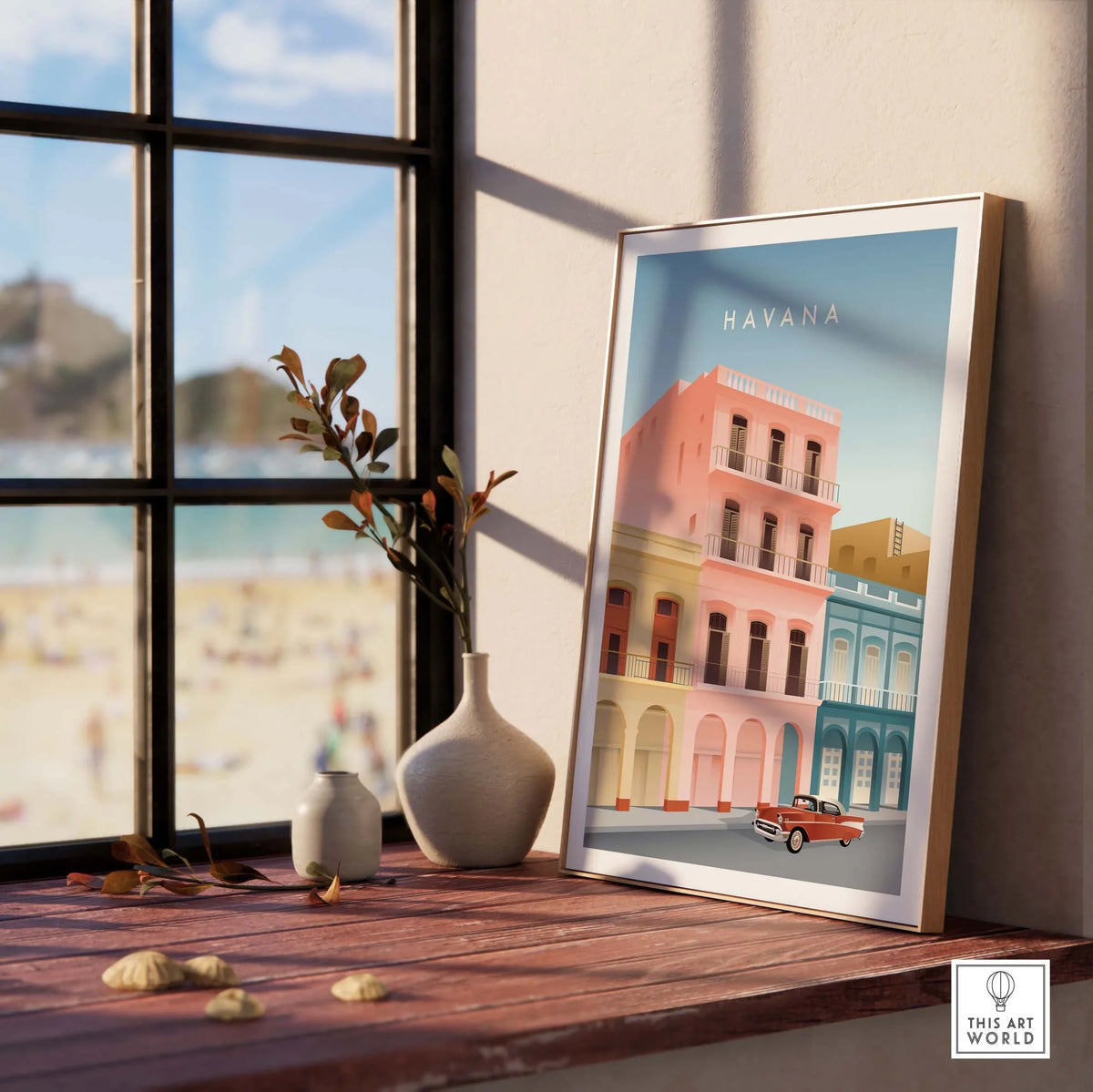 Havana wall art poster featuring pastel buildings and classic car, perfect for travel enthusiasts and stylish home decor.